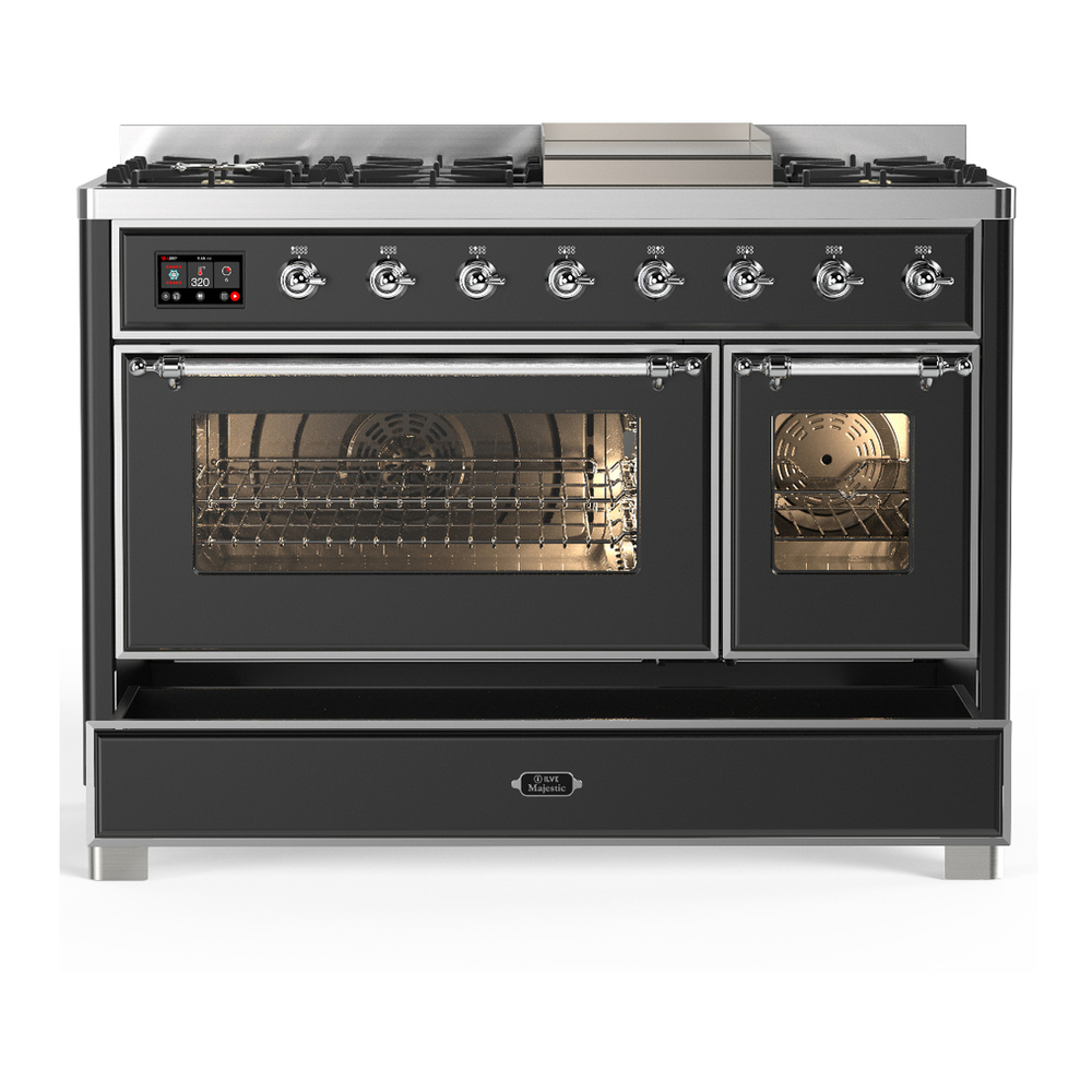 ILVE UM48FNR3MGC Majestic III 48 inch Dual Fuel Range with 8 Burners and Griddle, Dual Function Burner up to 25,000 BTU (Natural Gas, Triple Glass Door, Graphite Matte, Chrome) 8 ILVE-UM48FNR3MGC-Drawer Open View