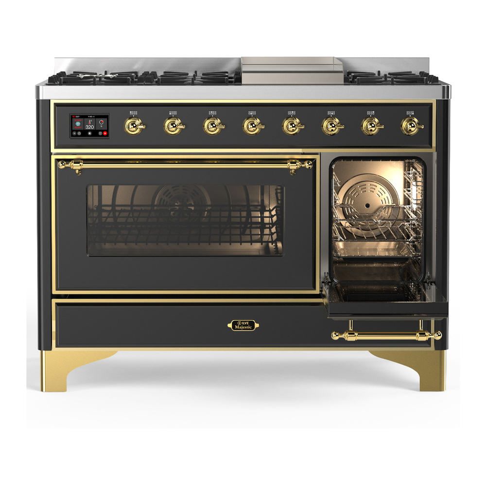 ILVE UM48FNR3MGGLP Majestic III 48 inch Dual Fuel Range with 8 Burners and Griddle, Dual Function Burner up to 25,000 BTU (Liquid Propane, Triple Glass Door, Graphite Matte, Brass) 4 ILVE-UM48FNR3MGGLP-Secondary Oven Open View