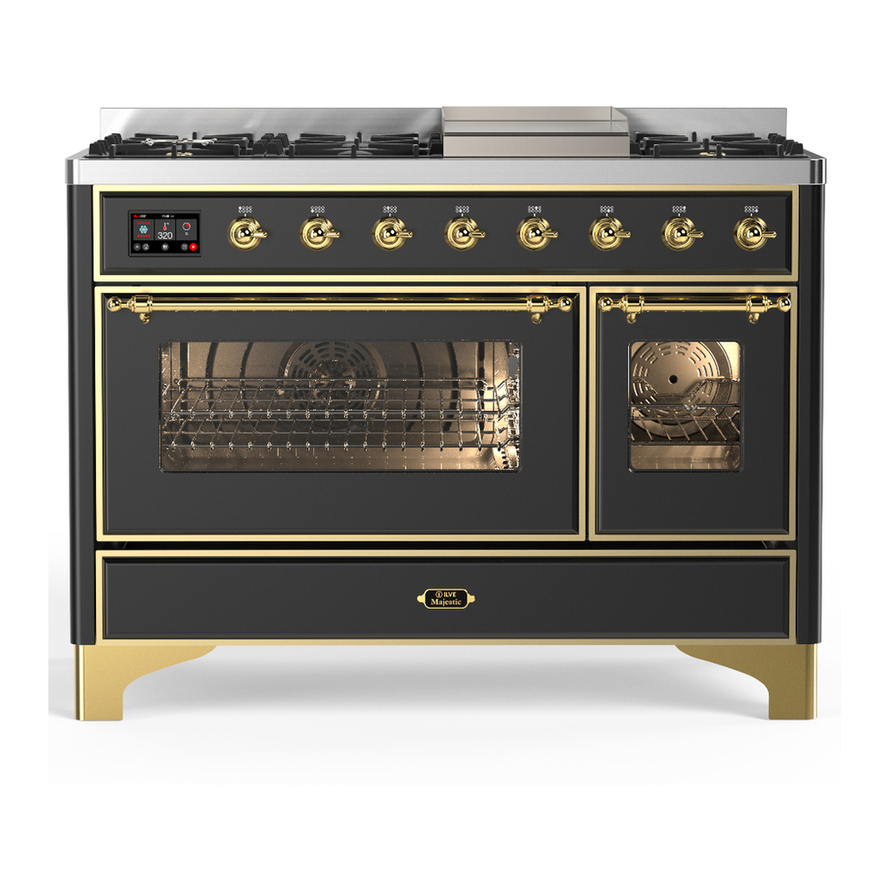 ILVE UM48FNR3MGG Majestic III 48 inch Dual Fuel Range with 8 Burners and Griddle, Dual Function Burner up to 25,000 BTU (Natural Gas, Triple Glass Door, Graphite Matte, Brass) 1 UM48FNR3MGG