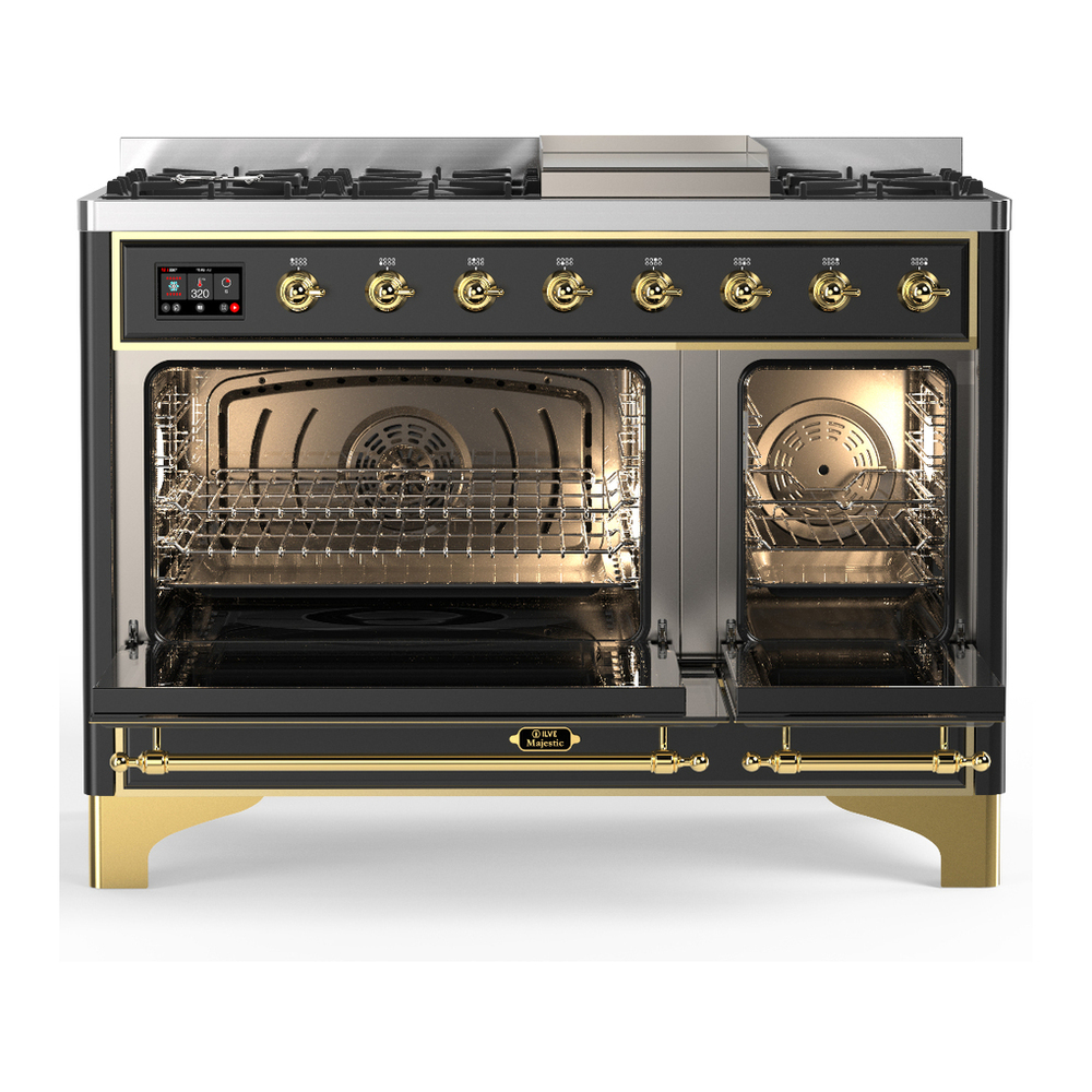 ILVE UM48FNR3MGG Majestic III 48 inch Dual Fuel Range with 8 Burners and Griddle, Dual Function Burner up to 25,000 BTU (Natural Gas, Triple Glass Door, Graphite Matte, Brass) 2 ILVE-UM48FNR3MGG-Double Oven Open View