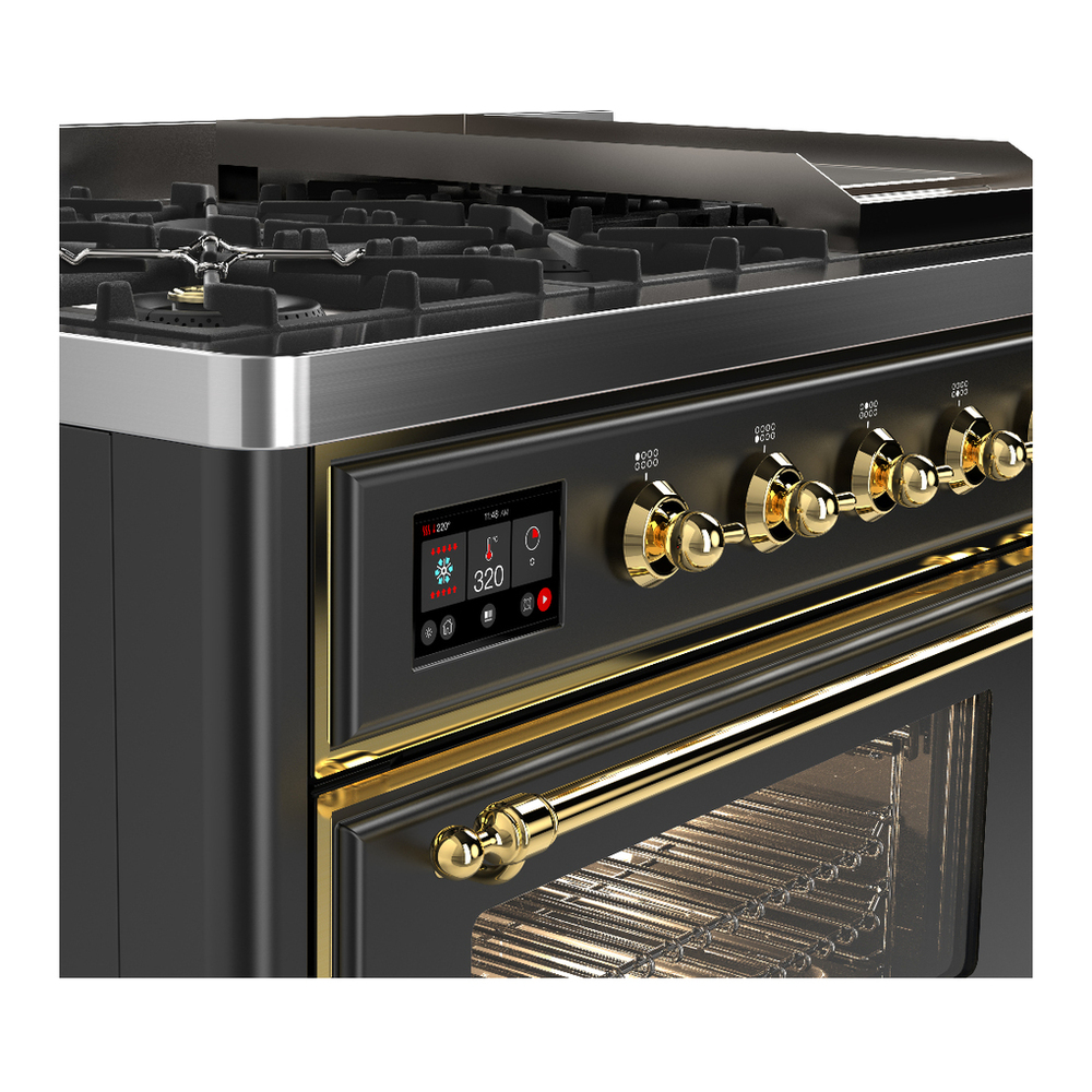 ILVE UM48FNR3MGG Majestic III 48 inch Dual Fuel Range with 8 Burners and Griddle, Dual Function Burner up to 25,000 BTU (Natural Gas, Triple Glass Door, Graphite Matte, Brass) 7 ILVE-UM48FNR3MGG-Control Knobs View