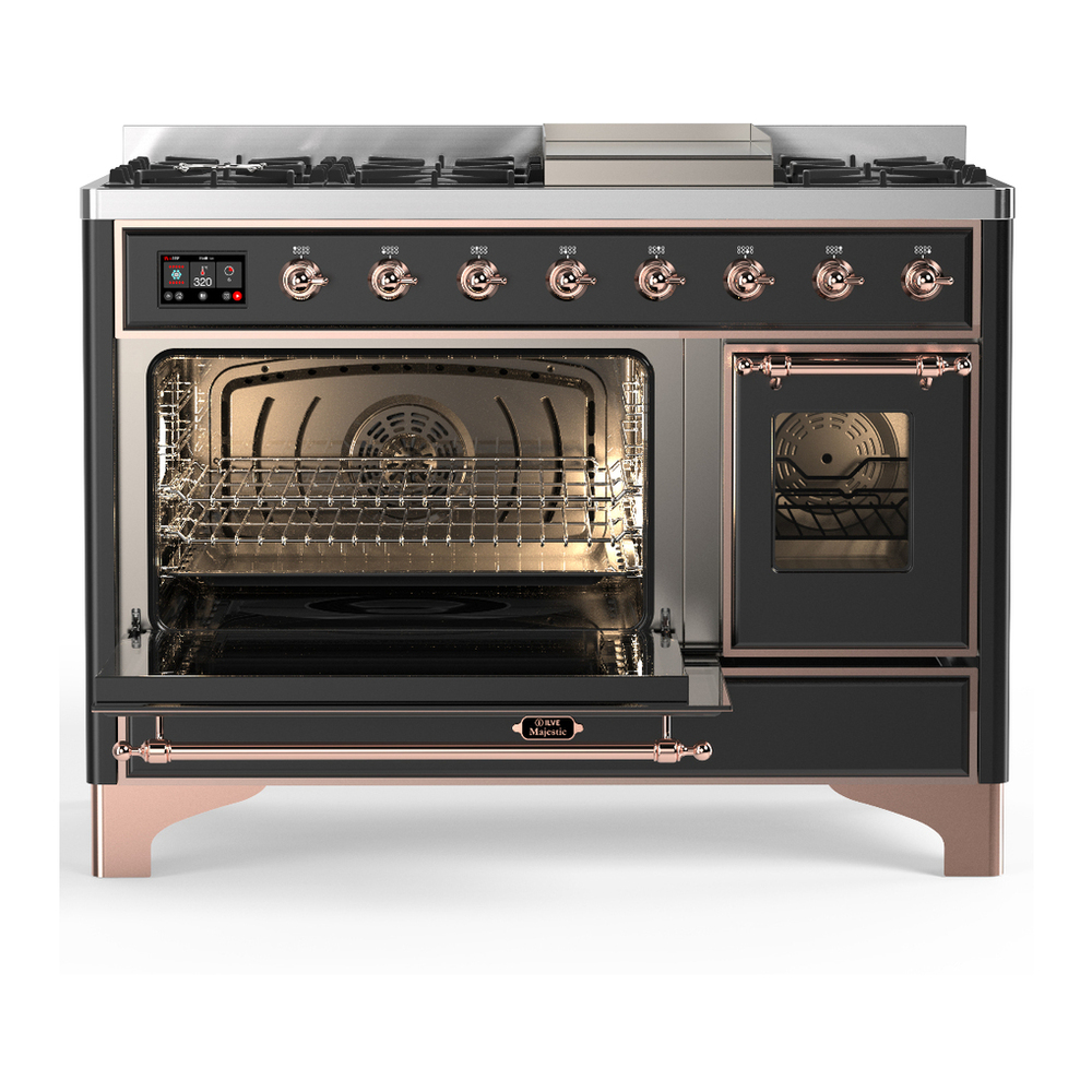 ILVE UM48FNR3MGPLP Majestic III 48 inch Dual Fuel Range with 8 Burners and Griddle, Dual Function Burner up to 25,000 BTU (Liquid Propane, Triple Glass Door, Graphite Matte, Copper) 3 ILVE-UM48FNR3MGPLP-Primary Oven Open View