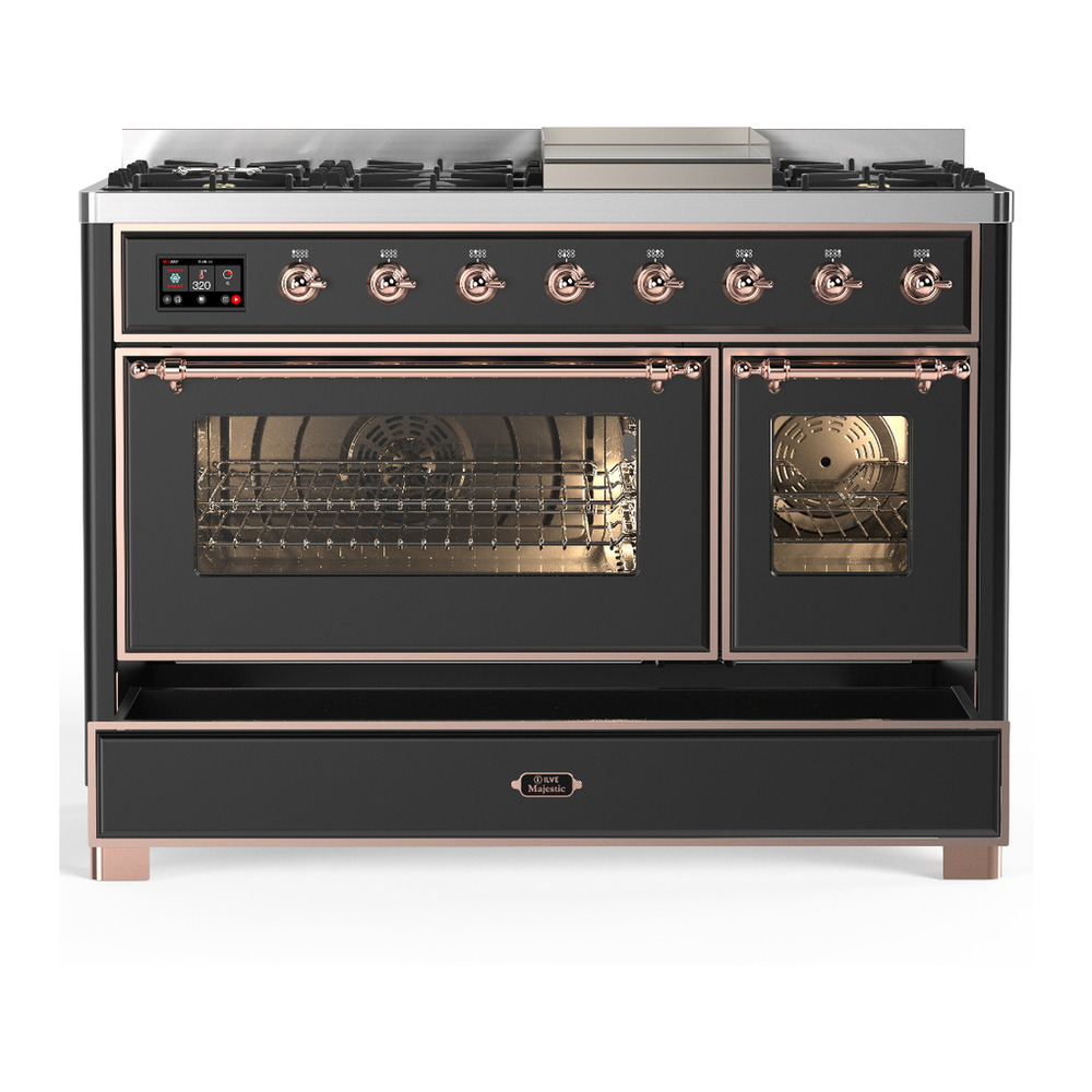 ILVE UM48FNR3MGPLP Majestic III 48 inch Dual Fuel Range with 8 Burners and Griddle, Dual Function Burner up to 25,000 BTU (Liquid Propane, Triple Glass Door, Graphite Matte, Copper) 8 ILVE-UM48FNR3MGPLP-Drawer Open View