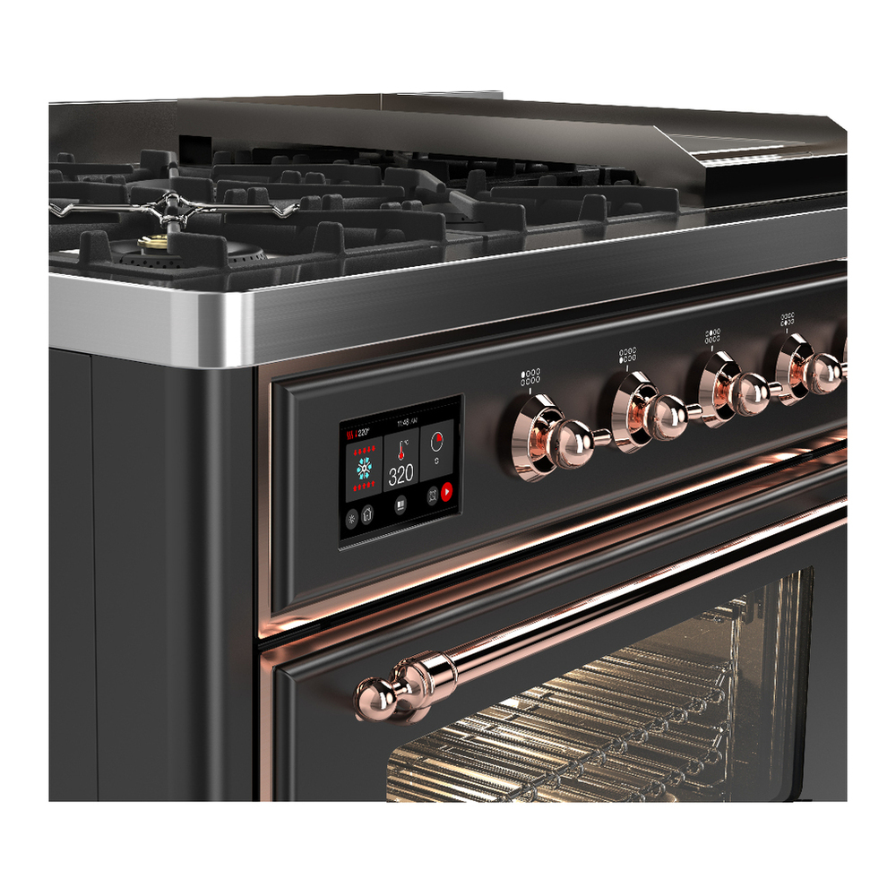 ILVE UM48FNR3MGPLP Majestic III 48 inch Dual Fuel Range with 8 Burners and Griddle, Dual Function Burner up to 25,000 BTU (Liquid Propane, Triple Glass Door, Graphite Matte, Copper) 10 ILVE-UM48FNR3MGPLP-Control Knobs View