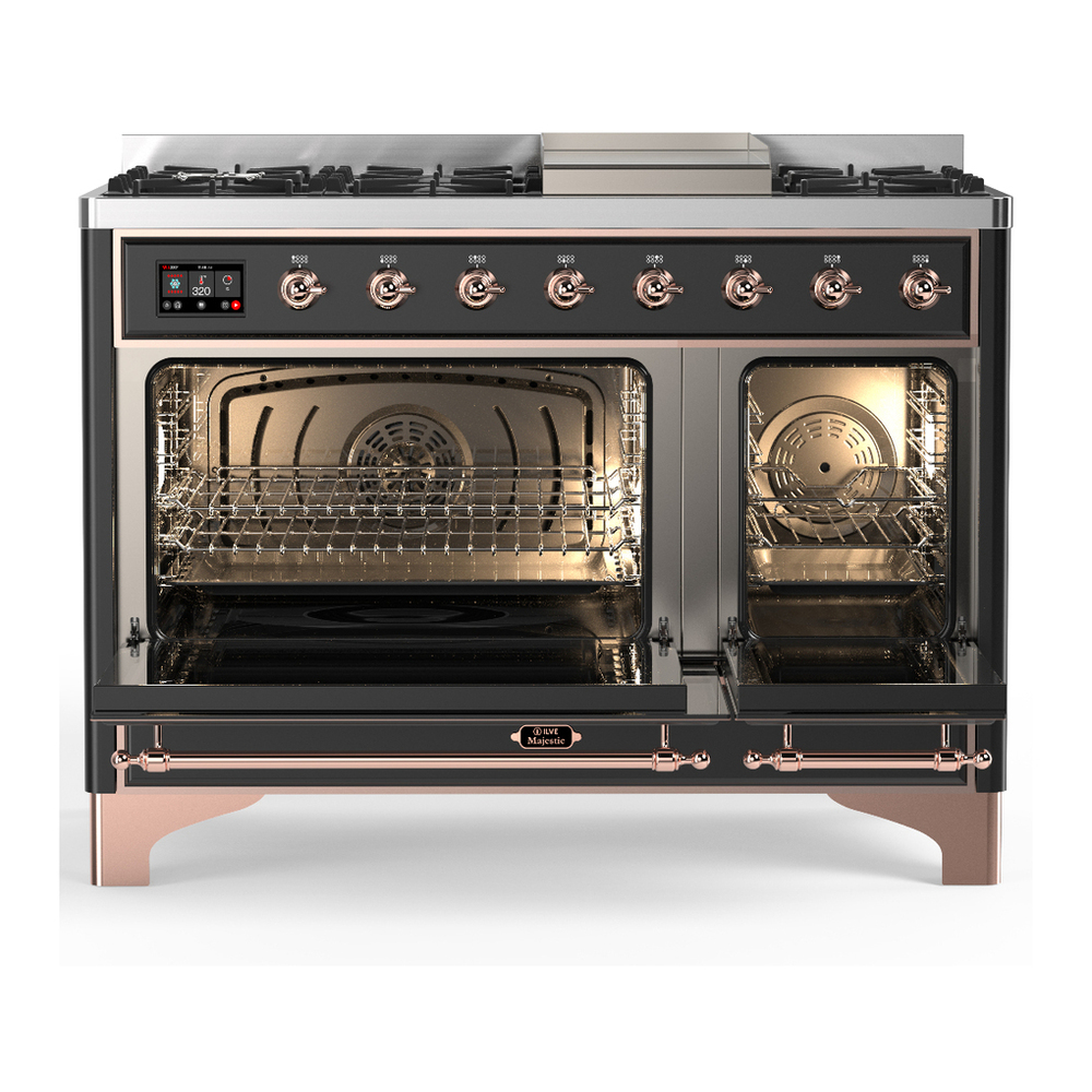 ILVE UM48FNR3MGP Majestic III 48 inch Dual Fuel Range with 8 Burners and Griddle, Dual Function Burner up to 25,000 BTU (Natural Gas, Triple Glass Door, Graphite Matte, Copper) 2 ILVE-UM48FNR3MGP-Double Oven Open View