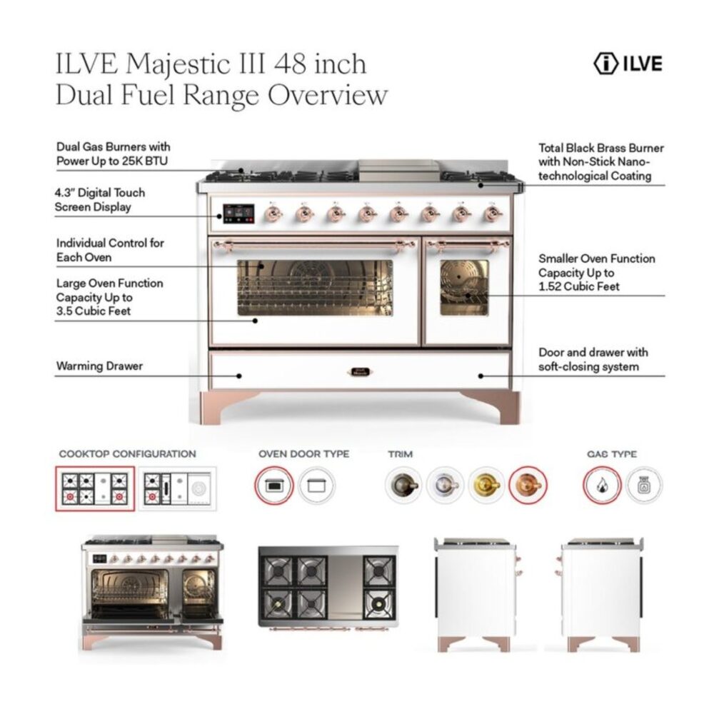 ILVE UM48F Majestic III 48 inch Dual Fuel Range with 8 Burners and Griddle, Dual Function Burner up to 25,000 BTU