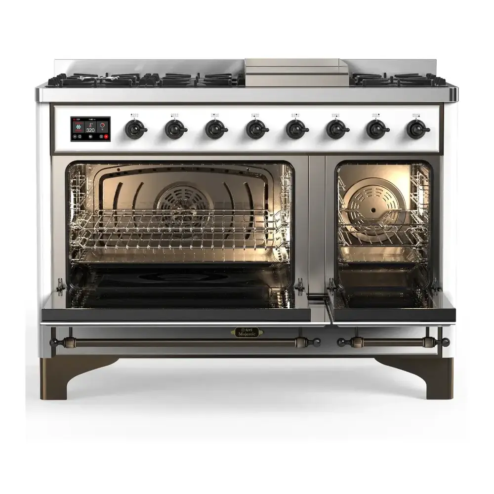 ILVE UM48FNR3RAB Majestic III 48 inch Dual Fuel Range with 8 Burners and Griddle, Dual Function Burner up to 25,000 BTU (Natural Gas, Triple Glass Door, RAL, Burnished) 5 ILVE UM48F door opened
