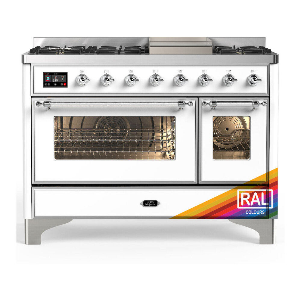 ILVE UM48FNR3RAC Majestic III 48 inch Dual Fuel Range with 8 Burners and Griddle, Dual Function Burner up to 25,000 BTU (Natural Gas, Triple Glass Door, RAL, Chrome) 1 UM48FNR3RAC