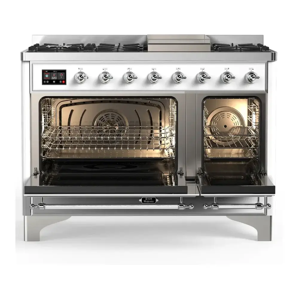 ILVE UM48FNR3RAC Majestic III 48 inch Dual Fuel Range with 8 Burners and Griddle, Dual Function Burner up to 25,000 BTU (Natural Gas, Triple Glass Door, RAL, Chrome) 5 ILVE UM48F doors opened