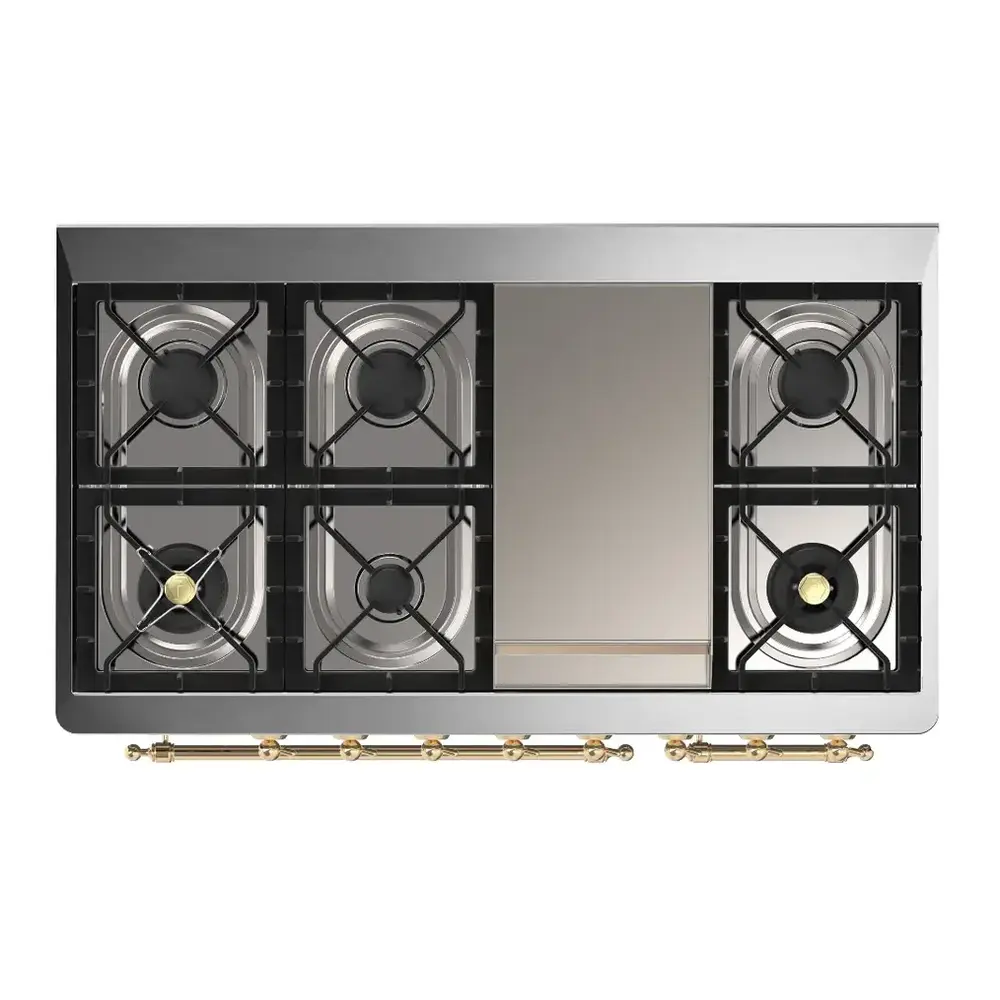 ILVE UM48FNR3RAGLP Majestic III 48 inch Dual Fuel Range with 8 Burners and Griddle, Dual Function Burner up to 25,000 BTU (Liquid Propane, Triple Glass Door, RAL, Brass) 6 ILVE UM48F cooktop