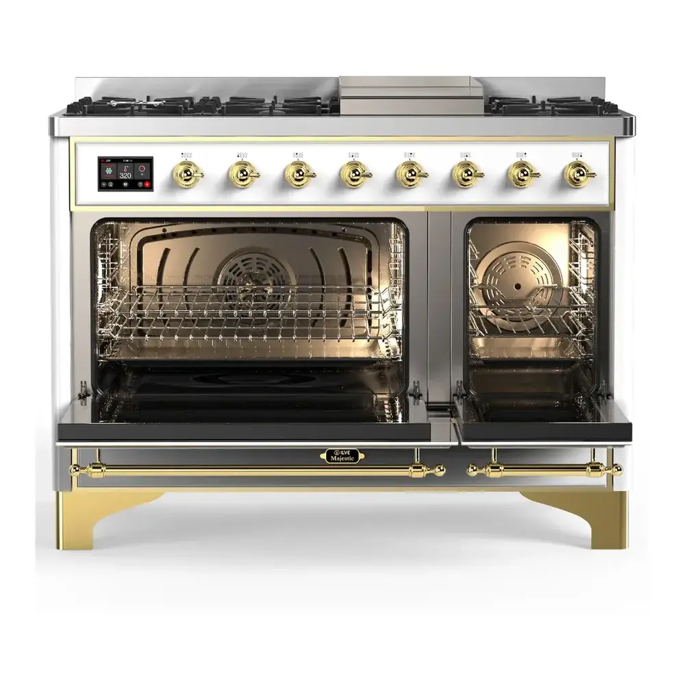 ILVE UM48FNR3RAG Majestic III 48 inch Dual Fuel Range with 8 Burners and Griddle, Dual Function Burner up to 25,000 BTU (Natural Gas, Triple Glass Door, RAL, Brass) 5 ILVE UM48F doors opened