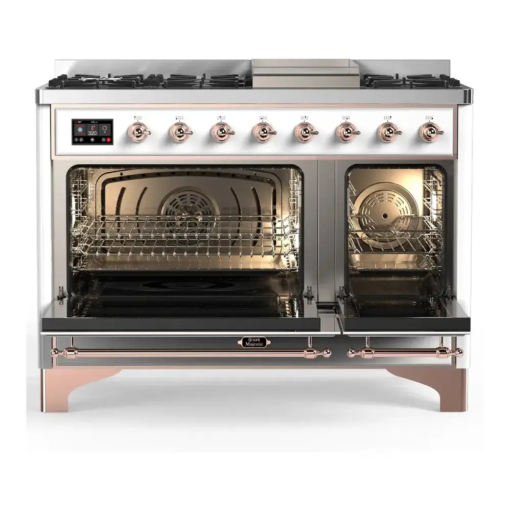 ILVE UM48FNR3RAP Majestic III 48 inch Dual Fuel Range with 8 Burners and Griddle, Dual Function Burner up to 25,000 BTU (Natural Gas, Triple Glass Door, RAL, Copper) 5 ILVE UM48F doors opened