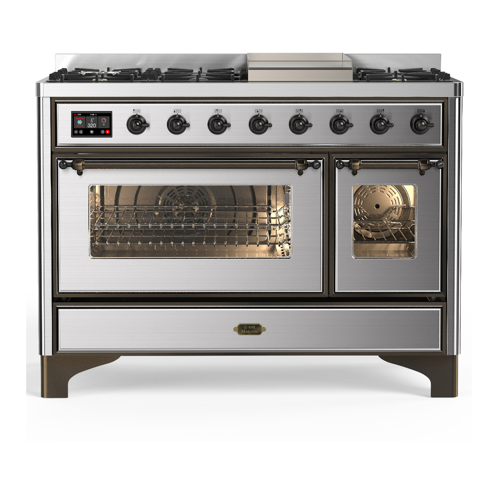 ILVE UM48FNR3SSBLP Majestic III 48 inch Dual Fuel Range with 8 Burners and Griddle, Dual Function Burner up to 25,000 BTU (Liquid Propane, Triple Glass Door, Stainless Steel, Burnished) 1 UM48FNR3SSBLP