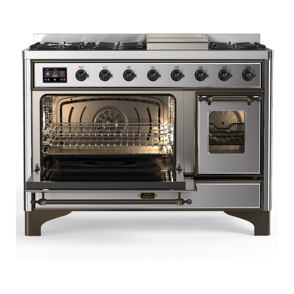 ILVE UM48FNR3SSBLP Majestic III 48 inch Dual Fuel Range with 8 Burners and Griddle, Dual Function Burner up to 25,000 BTU (Liquid Propane, Triple Glass Door, Stainless Steel, Burnished) 3 ILVE-UM48FNR3SSBLP-Primary Oven Open View