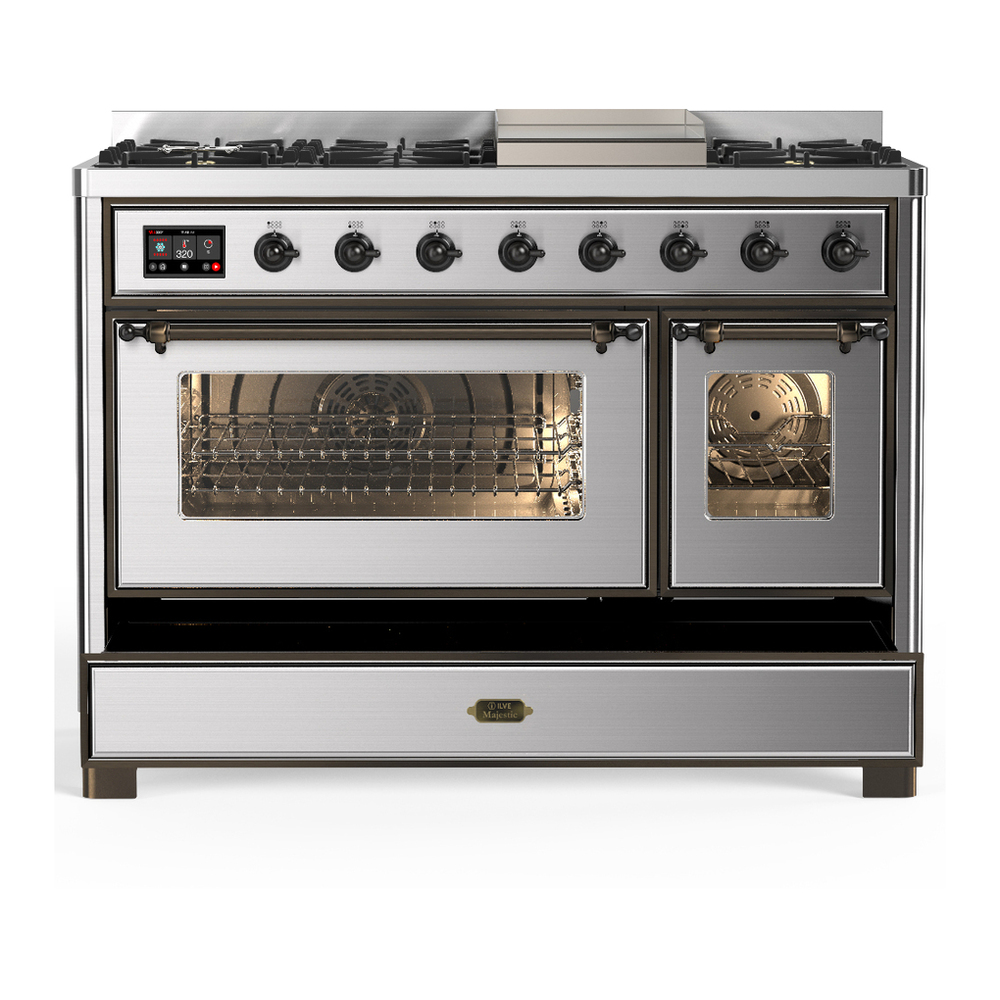 ILVE UM48FNR3SSBLP Majestic III 48 inch Dual Fuel Range with 8 Burners and Griddle, Dual Function Burner up to 25,000 BTU (Liquid Propane, Triple Glass Door, Stainless Steel, Burnished) 5 ILVE-UM48FNR3SSBLP-Drawer Open View