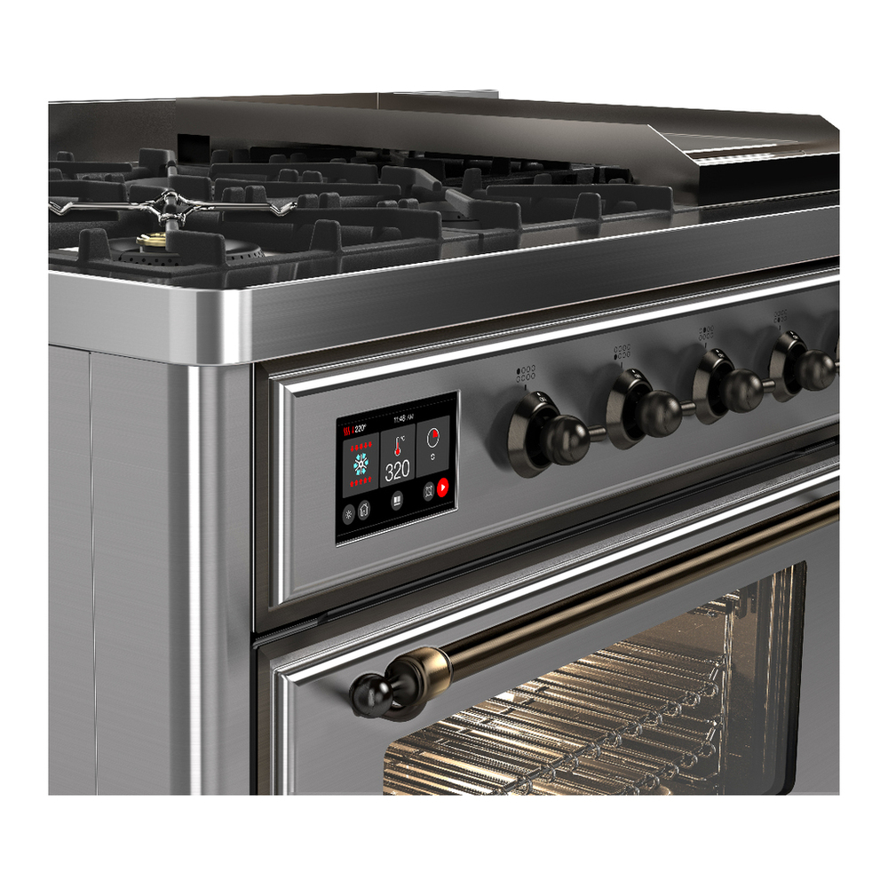 ILVE UM48FNR3SSBLP Majestic III 48 inch Dual Fuel Range with 8 Burners and Griddle, Dual Function Burner up to 25,000 BTU (Liquid Propane, Triple Glass Door, Stainless Steel, Burnished) 7 ILVE-UM48FNR3SSBLP-Control Knobs View