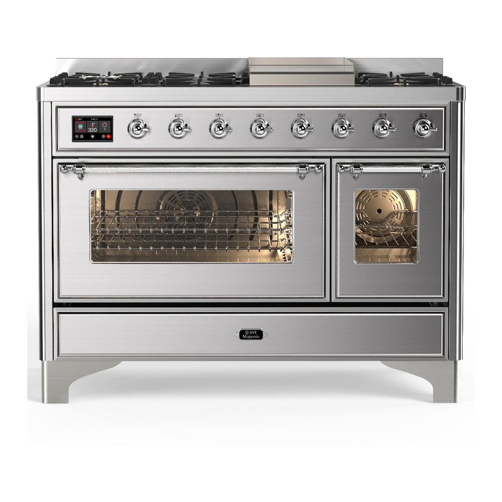 ILVE UM48FNR3SSCLP Majestic III 48 inch Dual Fuel Range with 8 Burners and Griddle, Dual Function Burner up to 25,000 BTU (Liquid Propane, Triple Glass Door, Stainless Steel, Chrome) 1 UM48FNR3SSCLP