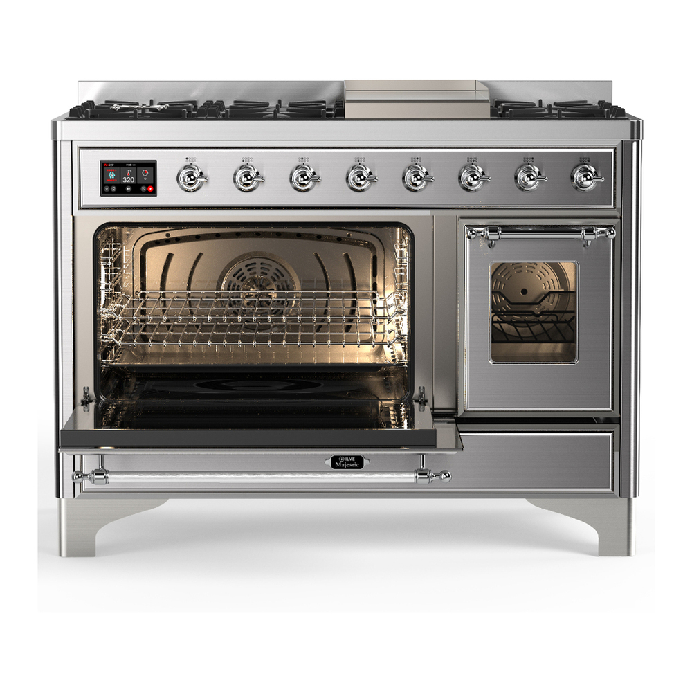 ILVE UM48FNR3SSCLP Majestic III 48 inch Dual Fuel Range with 8 Burners and Griddle, Dual Function Burner up to 25,000 BTU (Liquid Propane, Triple Glass Door, Stainless Steel, Chrome) 3 ILVE-UM48FNR3SSCLP-Primary Oven Open View
