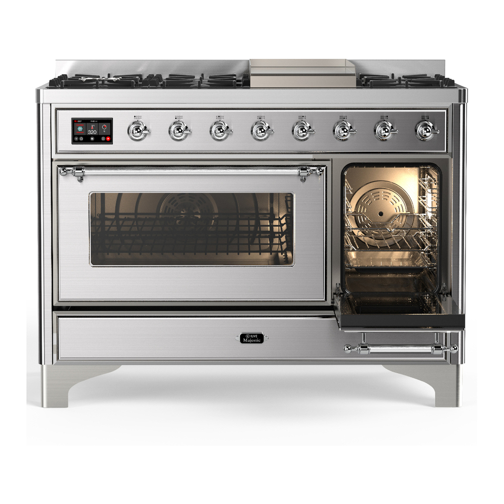 ILVE UM48FNR3SSCLP Majestic III 48 inch Dual Fuel Range with 8 Burners and Griddle, Dual Function Burner up to 25,000 BTU (Liquid Propane, Triple Glass Door, Stainless Steel, Chrome) 4 ILVE-UM48FNR3SSCLP-Secondary Oven Open View