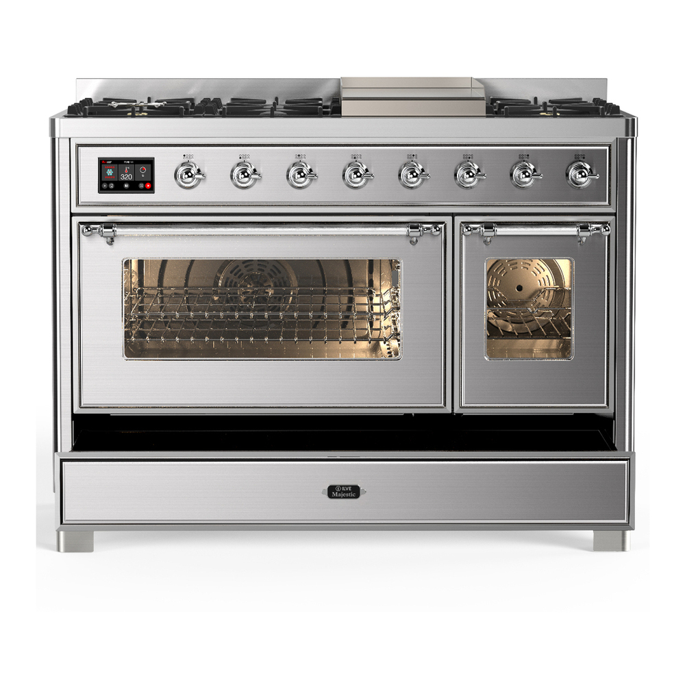 ILVE UM48FNR3SSCLP Majestic III 48 inch Dual Fuel Range with 8 Burners and Griddle, Dual Function Burner up to 25,000 BTU (Liquid Propane, Triple Glass Door, Stainless Steel, Chrome) 5 ILVE-UM48FNR3SSCLP-Drawer Open View