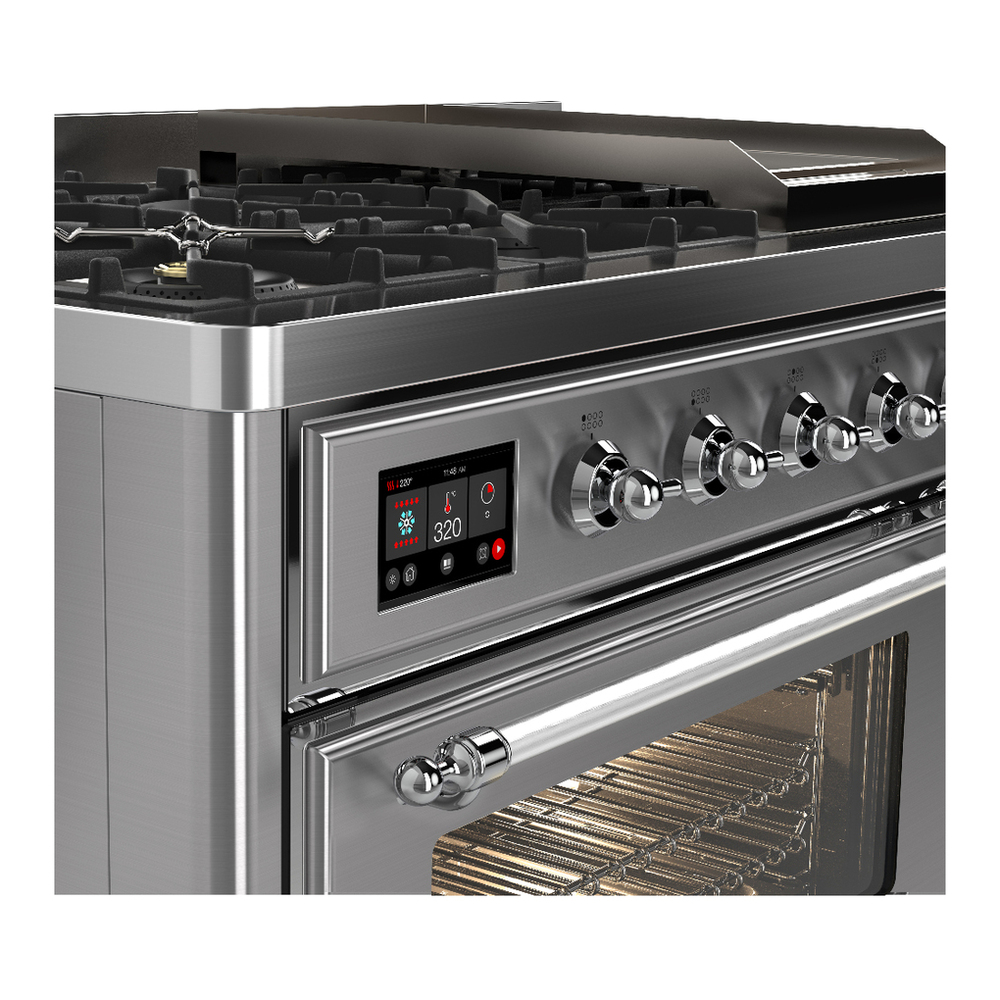 ILVE UM48FNR3SSCLP Majestic III 48 inch Dual Fuel Range with 8 Burners and Griddle, Dual Function Burner up to 25,000 BTU (Liquid Propane, Triple Glass Door, Stainless Steel, Chrome) 7 ILVE-UM48FNR3SSCLP-Control Knobs View