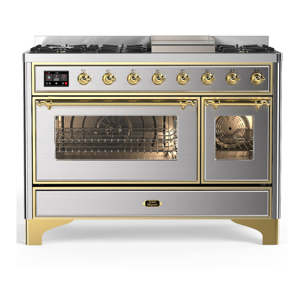 ILVE UM48FNR3SSG Majestic III 48 inch Dual Fuel Range with 8 Burners and Griddle, Dual Function Burner up to 25,000 BTU (Natural Gas, Triple Glass Door, Stainless Steel, Brass) 1 UM48FNR3SSG