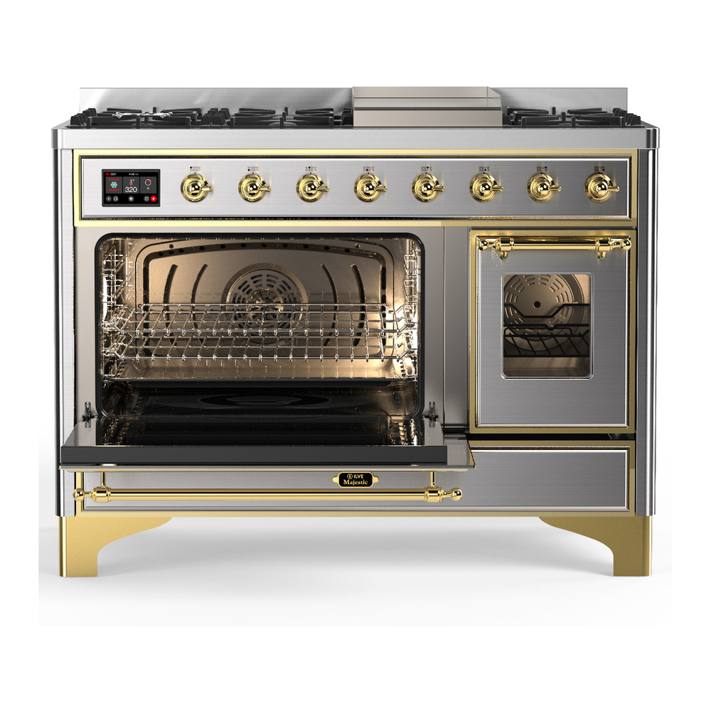 ILVE UM48FNR3SSG Majestic III 48 inch Dual Fuel Range with 8 Burners and Griddle, Dual Function Burner up to 25,000 BTU (Natural Gas, Triple Glass Door, Stainless Steel, Brass) 3 ILVE-UM48FNR3SSG-Primary Oven Open View