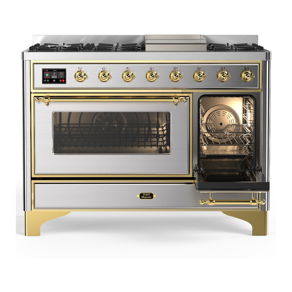 ILVE UM48FNR3SSG Majestic III 48 inch Dual Fuel Range with 8 Burners and Griddle, Dual Function Burner up to 25,000 BTU (Natural Gas, Triple Glass Door, Stainless Steel, Brass) 4 ILVE-UM48FNR3SSG-Secondary Oven Open View