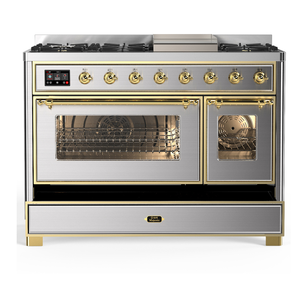 ILVE UM48FNR3SSG Majestic III 48 inch Dual Fuel Range with 8 Burners and Griddle, Dual Function Burner up to 25,000 BTU (Natural Gas, Triple Glass Door, Stainless Steel, Brass) 5 ILVE-UM48FNR3SSG-Drawer Open View