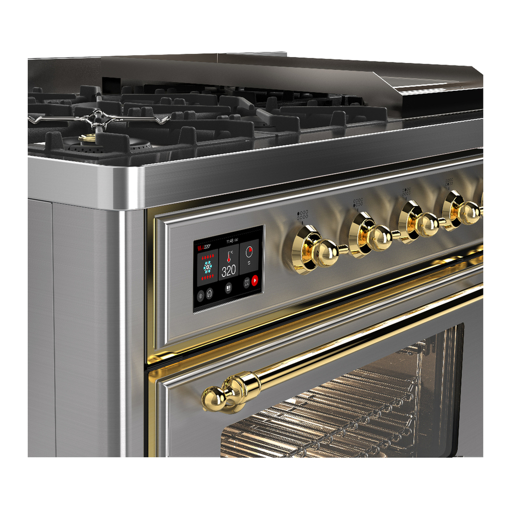 ILVE UM48FNR3SSG Majestic III 48 inch Dual Fuel Range with 8 Burners and Griddle, Dual Function Burner up to 25,000 BTU (Natural Gas, Triple Glass Door, Stainless Steel, Brass) 7 ILVE-UM48FNR3SSG-Control Knobs View