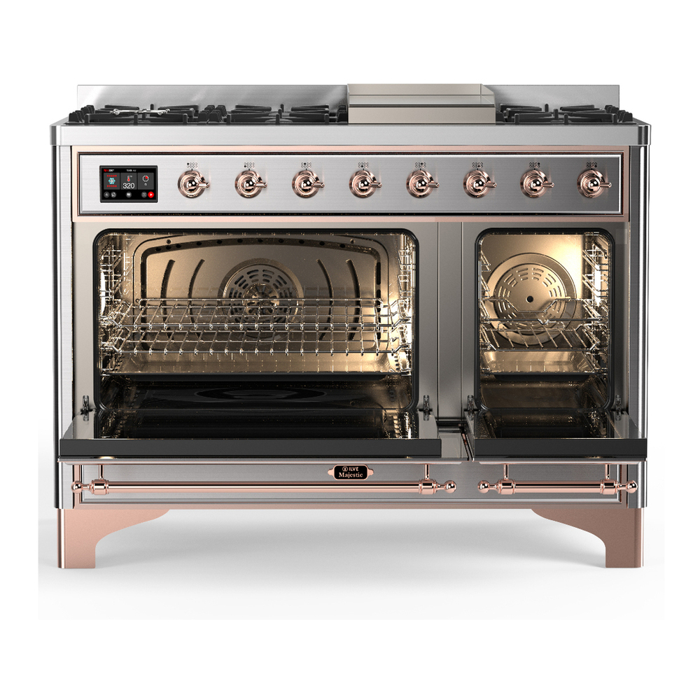 ILVE UM48FNR3SSPLP Majestic III 48 inch Dual Fuel Range with 8 Burners and Griddle, Dual Function Burner up to 25,000 BTU (Liquid Propane, Triple Glass Door, Stainless Steel, Copper) 2 ILVE-UM48FNR3SSPLP-Double Oven Open View