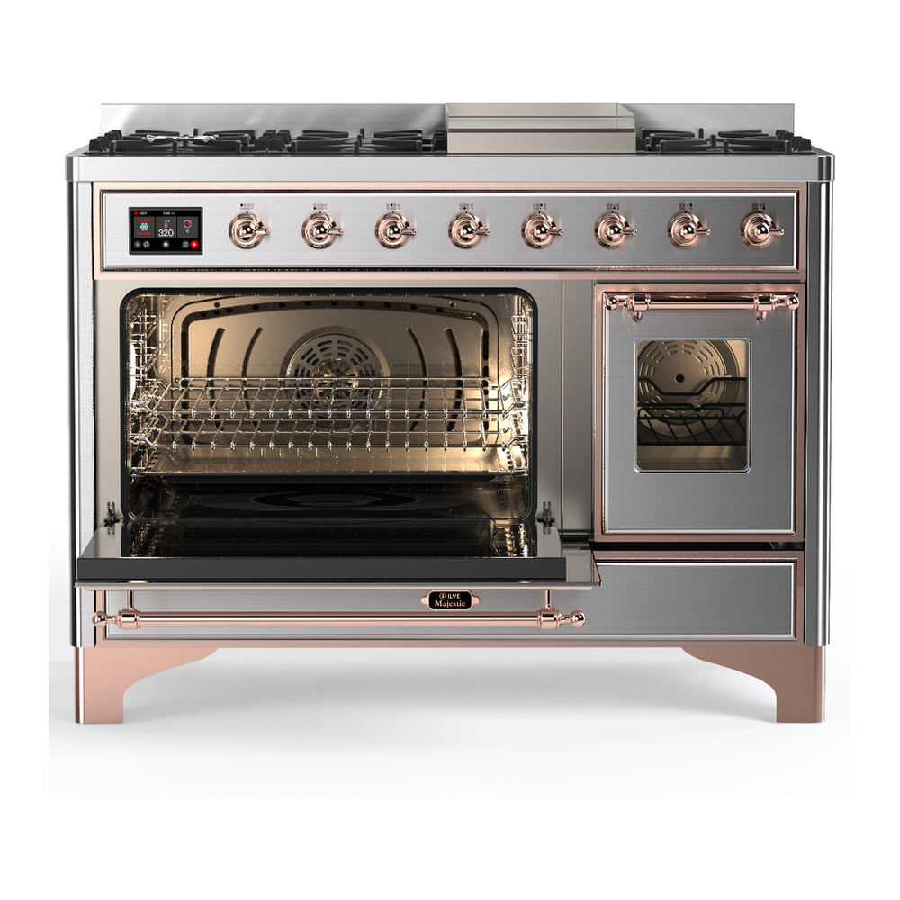 ILVE UM48FNR3SSPLP Majestic III 48 inch Dual Fuel Range with 8 Burners and Griddle, Dual Function Burner up to 25,000 BTU (Liquid Propane, Triple Glass Door, Stainless Steel, Copper) 3 ILVE-UM48FNR3SSPLP-Primary Oven Open View
