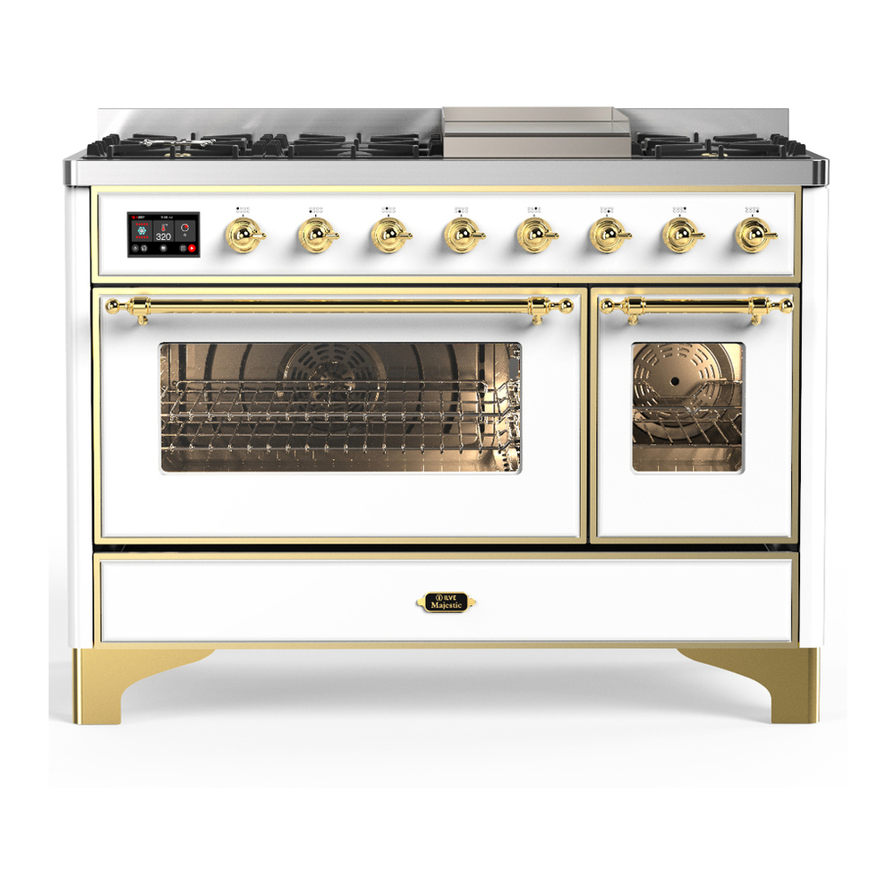 ILVE UM48FNR3WHGLP Majestic III 48 inch Dual Fuel Range with 8 Burners and Griddle, Dual Function Burner up to 25,000 BTU (Liquid Propane, Triple Glass Door, White, Brass) 1 UM48FNR3WHGLP
