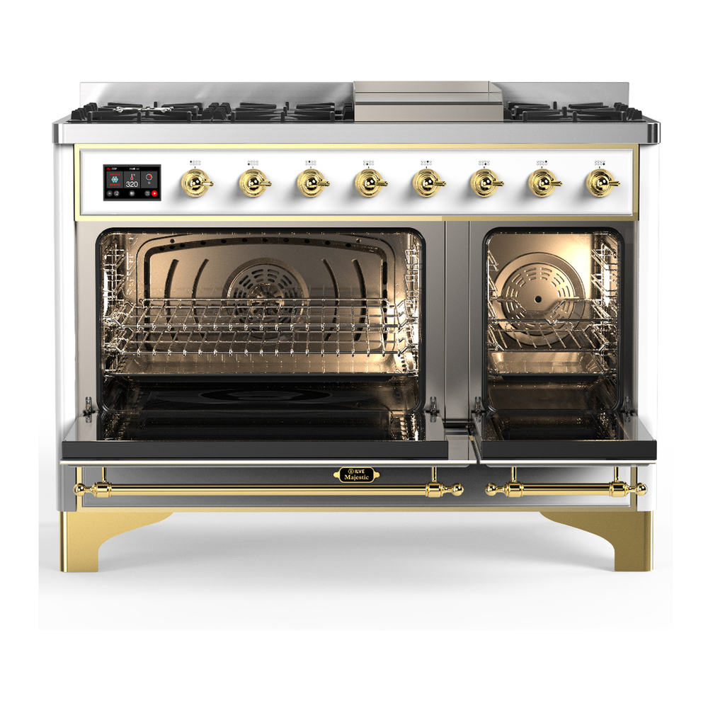 ILVE UM48FNR3WHGLP Majestic III 48 inch Dual Fuel Range with 8 Burners and Griddle, Dual Function Burner up to 25,000 BTU (Liquid Propane, Triple Glass Door, White, Brass) 2 ILVE-UM48FNR3WHGLP-Double Oven Open View