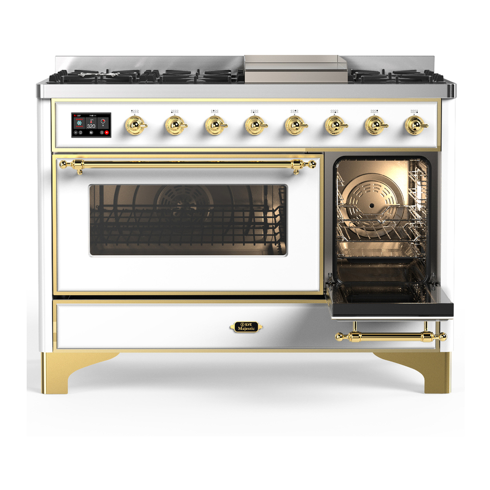 ILVE UM48FNR3WHGLP Majestic III 48 inch Dual Fuel Range with 8 Burners and Griddle, Dual Function Burner up to 25,000 BTU (Liquid Propane, Triple Glass Door, White, Brass) 4 ILVE-UM48FNR3WHGLP-Secondary Oven Open View