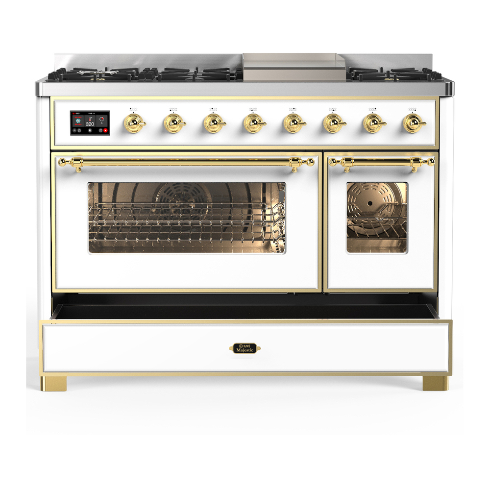ILVE UM48FNR3WHGLP Majestic III 48 inch Dual Fuel Range with 8 Burners and Griddle, Dual Function Burner up to 25,000 BTU (Liquid Propane, Triple Glass Door, White, Brass) 5 ILVE-UM48FNR3WHGLP-Drawer Open View