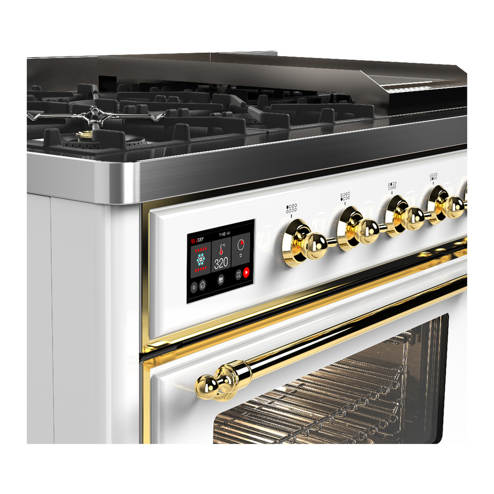 ILVE UM48FNR3WHGLP Majestic III 48 inch Dual Fuel Range with 8 Burners and Griddle, Dual Function Burner up to 25,000 BTU (Liquid Propane, Triple Glass Door, White, Brass) 7 ILVE-UM48FNR3WHGLP-Control Knobs View