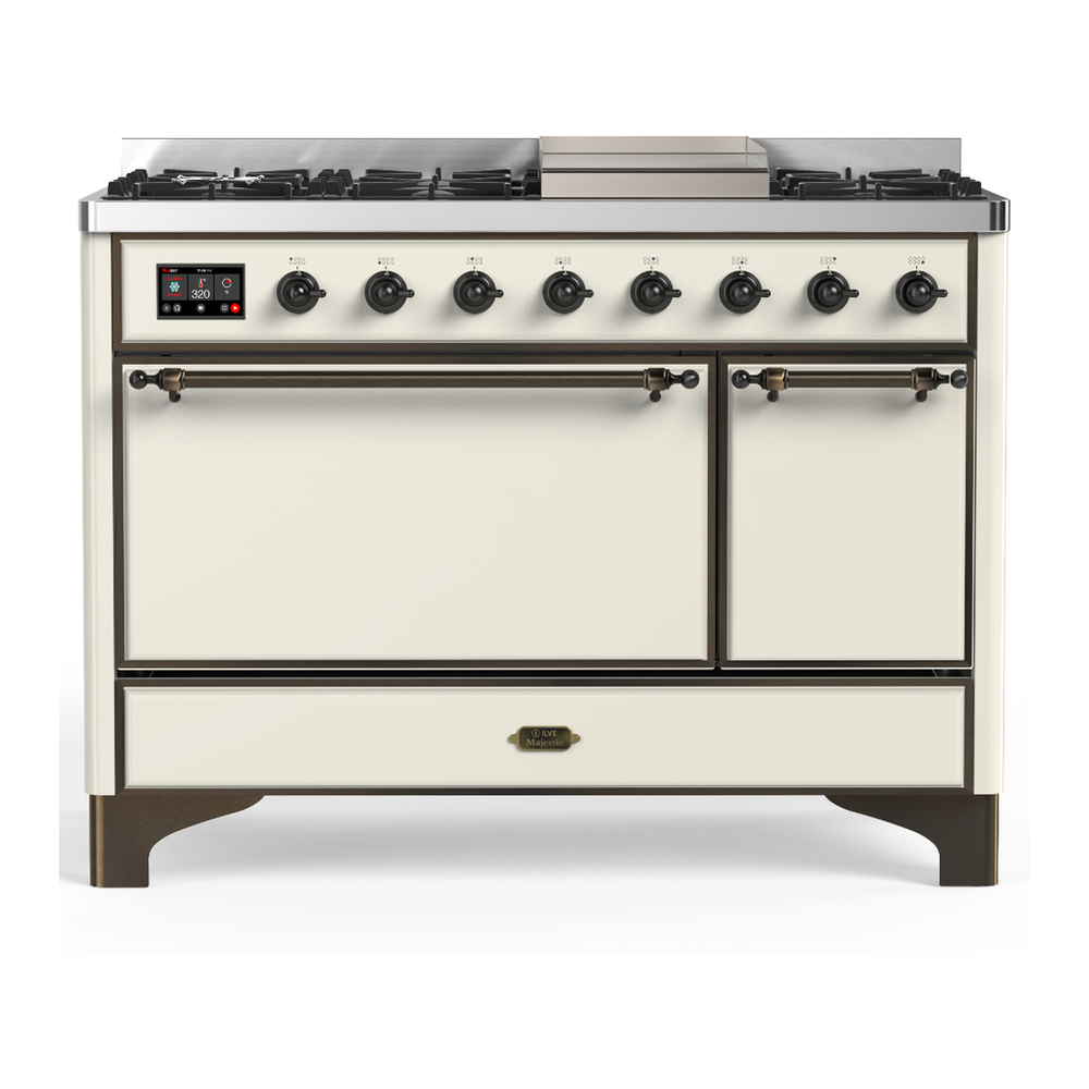 ILVE UM48FQNR3AWB Majestic III 48 inch Dual Fuel Range with 8 Burners and Griddle, Dual Function Burner up to 25,000 BTU (Natural Gas, Solid Door, Antique White, Burnished) 1 UM48FQNR3AWB