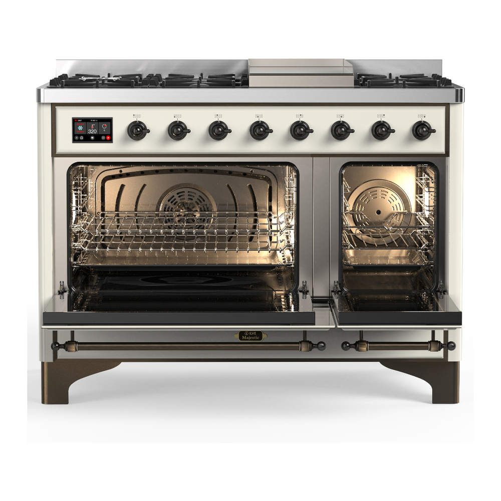 ILVE UM48FQNR3AWB Majestic III 48 inch Dual Fuel Range with 8 Burners and Griddle, Dual Function Burner up to 25,000 BTU (Natural Gas, Solid Door, Antique White, Burnished) 2 ILVE-UM48FQNR3AWB-Double Oven Open View