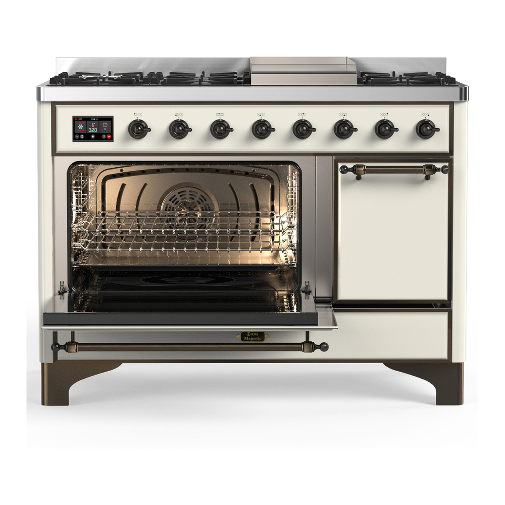 ILVE UM48FQNR3AWB Majestic III 48 inch Dual Fuel Range with 8 Burners and Griddle, Dual Function Burner up to 25,000 BTU (Natural Gas, Solid Door, Antique White, Burnished) 3 ILVE-UM48FQNR3AWB-Primary Oven Open View