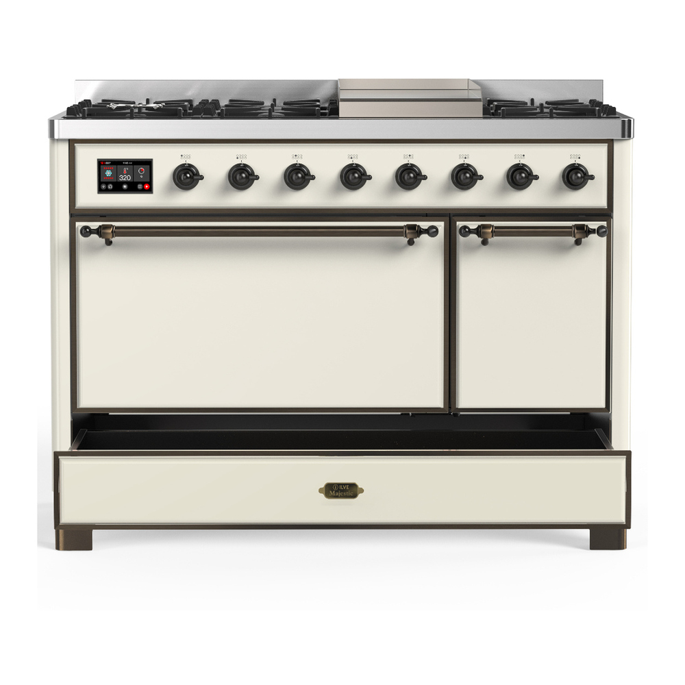 ILVE UM48FQNR3AWB Majestic III 48 inch Dual Fuel Range with 8 Burners and Griddle, Dual Function Burner up to 25,000 BTU (Natural Gas, Solid Door, Antique White, Burnished) 5 ILVE-UM48FQNR3AWB-Drawer Open View