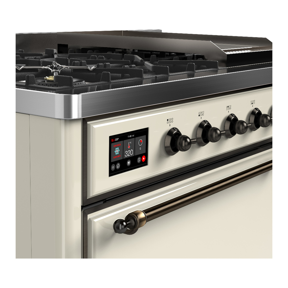ILVE UM48FQNR3AWB Majestic III 48 inch Dual Fuel Range with 8 Burners and Griddle, Dual Function Burner up to 25,000 BTU (Natural Gas, Solid Door, Antique White, Burnished) 7 ILVE-UM48FQNR3AWB-Control Knobs View