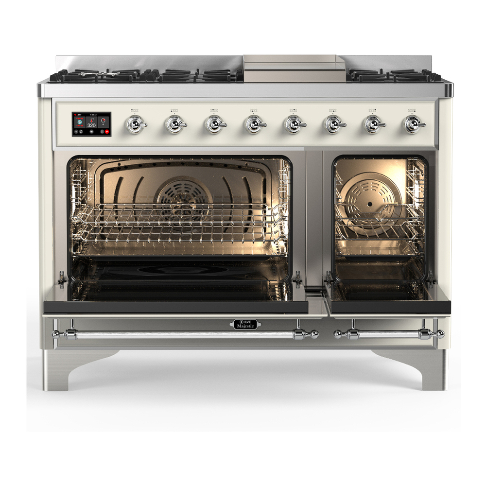 ILVE UM48FQNR3AWC Majestic III 48 inch Dual Fuel Range with 8 Burners and Griddle, Dual Function Burner up to 25,000 BTU (Natural Gas, Solid Door, Antique White, Chrome) 2 ILVE-UM48FQNR3AWC-Double Oven Open View