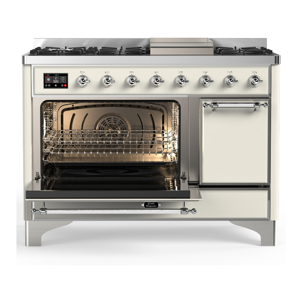 ILVE UM48FQNR3AWC Majestic III 48 inch Dual Fuel Range with 8 Burners and Griddle, Dual Function Burner up to 25,000 BTU (Natural Gas, Solid Door, Antique White, Chrome) 3 ILVE-UM48FQNR3AWC-Primary Oven Open View