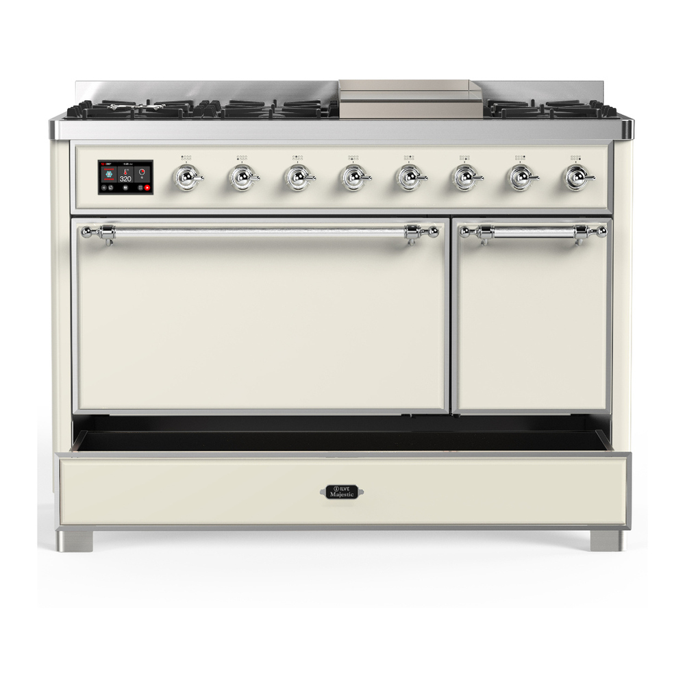 ILVE UM48FQNR3AWC Majestic III 48 inch Dual Fuel Range with 8 Burners and Griddle, Dual Function Burner up to 25,000 BTU (Natural Gas, Solid Door, Antique White, Chrome) 5 ILVE-UM48FQNR3AWC-Drawer Open View