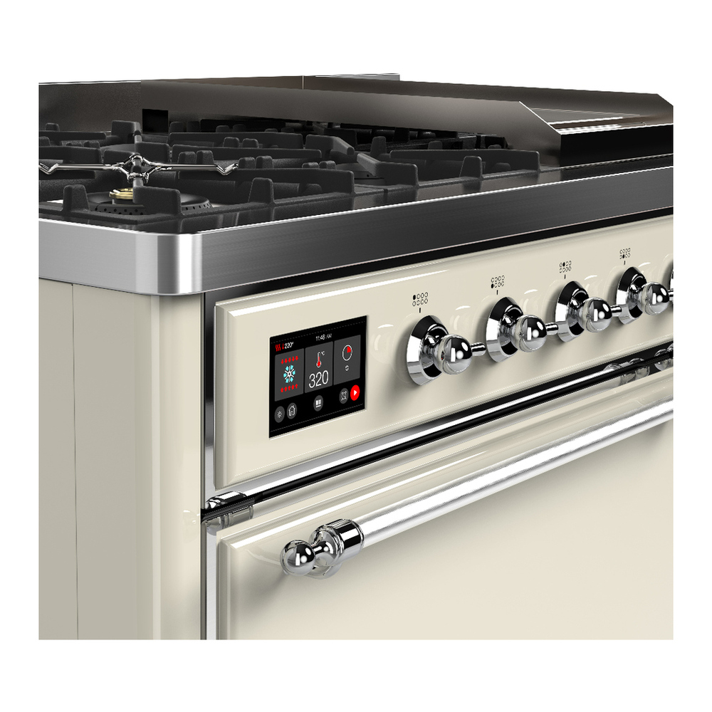 ILVE UM48FQNR3AWC Majestic III 48 inch Dual Fuel Range with 8 Burners and Griddle, Dual Function Burner up to 25,000 BTU (Natural Gas, Solid Door, Antique White, Chrome) 7 ILVE-UM48FQNR3AWC-Control Knobs View