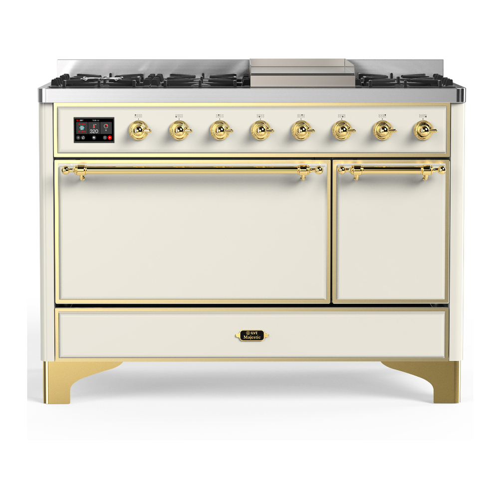ILVE UM48FQNR3AWG Majestic III 48 inch Dual Fuel Range with 8 Burners and Griddle, Dual Function Burner up to 25,000 BTU (Natural Gas, Solid Door, Antique White, Brass) 1 UM48FQNR3AWG