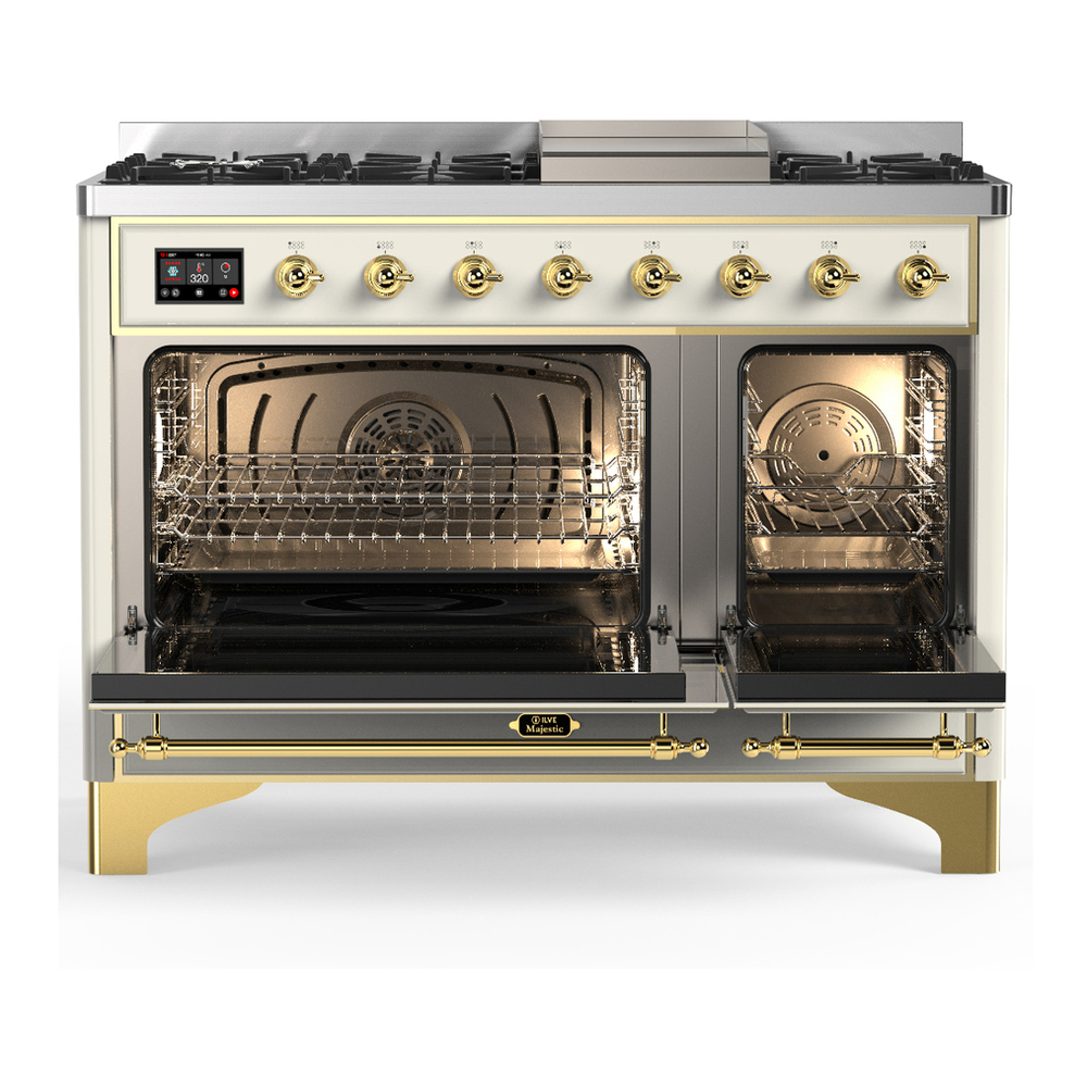 ILVE UM48FQNR3AWG Majestic III 48 inch Dual Fuel Range with 8 Burners and Griddle, Dual Function Burner up to 25,000 BTU (Natural Gas, Solid Door, Antique White, Brass) 2 ILVE-UM48FQNR3AWG-Double Oven Open View