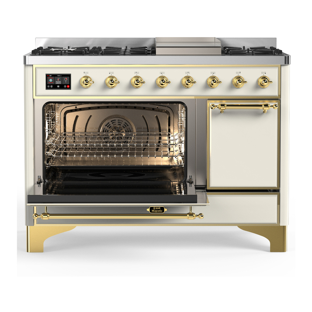 ILVE UM48FQNR3AWG Majestic III 48 inch Dual Fuel Range with 8 Burners and Griddle, Dual Function Burner up to 25,000 BTU (Natural Gas, Solid Door, Antique White, Brass) 3 ILVE-UM48FQNR3AWG-Primary Oven Open View