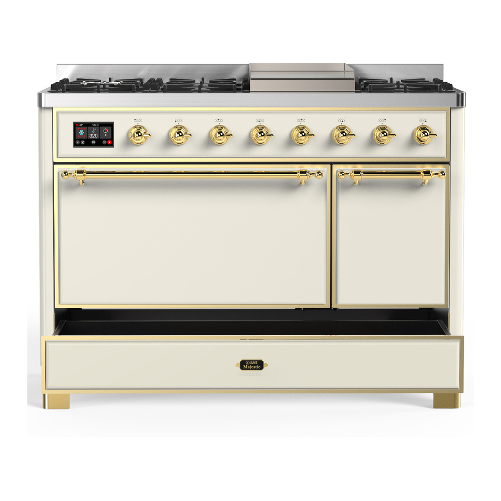ILVE UM48FQNR3AWG Majestic III 48 inch Dual Fuel Range with 8 Burners and Griddle, Dual Function Burner up to 25,000 BTU (Natural Gas, Solid Door, Antique White, Brass) 5 ILVE-UM48FQNR3AWG-Drawer Open View